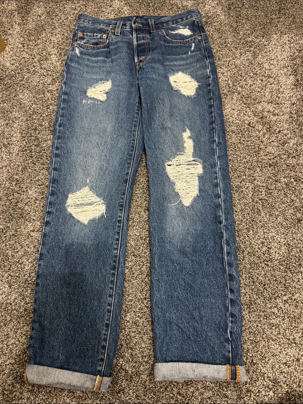 Levi's Distressed Straight Leg Jeans in Dark Blue with White Distress